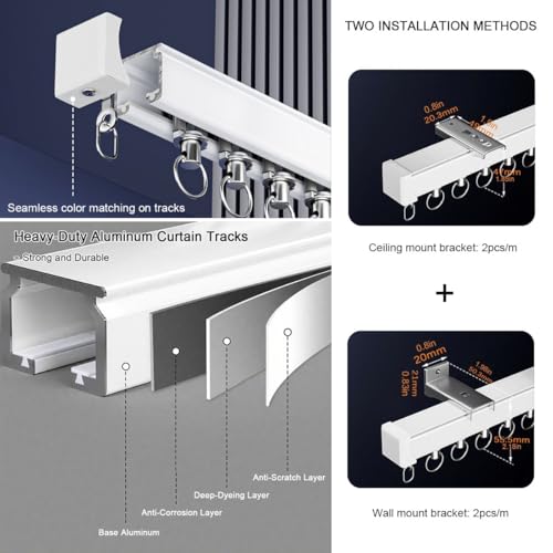 Riel de cortina de aluminio robusto y elegante con soportes de pared y techo integrados 3