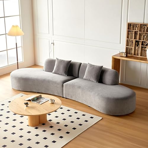 Image of Container Furniture Direct 132 inch Curved Sofa with Throw Pillows, 6 Seater Luxury Velvet Couch with Half Moon Design and High-Density Foam, Ideal for Modern Living Room, Office & Apartment, Grey