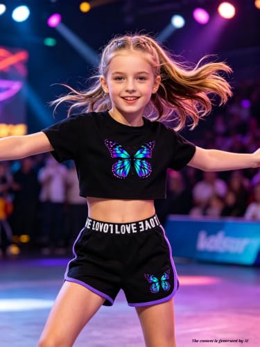 Image of Betusline Girls Summer 2 Piece Outfits,Kids Short Sleeve Crop Top & Shorts Set with Side Pockets