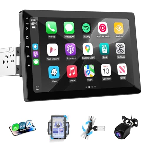 Haudio Single Din Car Stereo with Wireless Apple CarPlay & Android Auto, 10.1 Inch Rotatable Touch Screen Radio with Backup Camera, Mirror Link, GPS, Voice Control, Bluetooth, WiFi, AM/FM