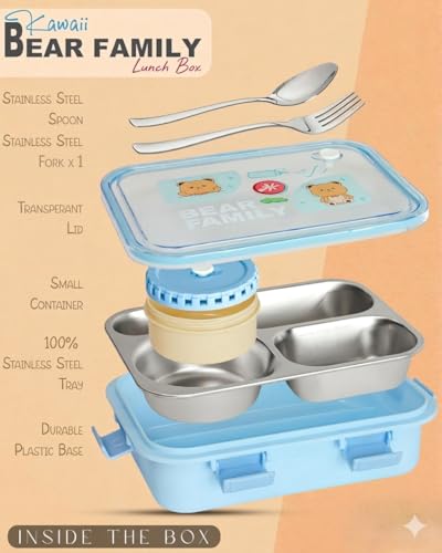 Image of KAVANA Lunch Box 3 Compartment Leak-Proof BPA Free Stainless Steel, Lunch Box for Kids, Lunch Box for School & Office with a Fork, a Spoon (Blue), 750 ml (Blue)
