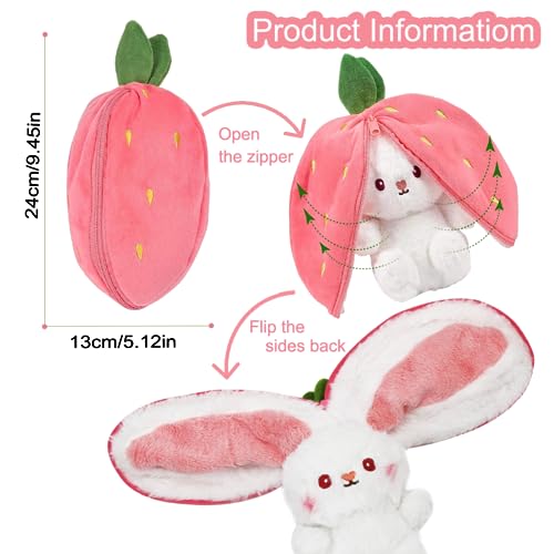 Zaloife Hase Plüschtier Verstecken Rosa, Plush Hasen Erdbeeren 24cm, Stofftier Plüsch Hasen Versteckspiel, Kuscheltier Osterhase Puppe Geschenk für Kinder