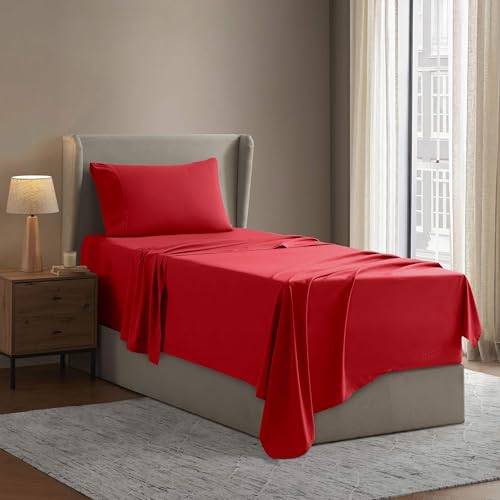 Image of Nestl Twin Bed Sheet Set - Red - 3-Piece Deep Pocket | Instantly Soft, Night-One Ready (No Wash Required). Fits 16-Inch Deep Pockets, 360-Degree Elastic Grip
