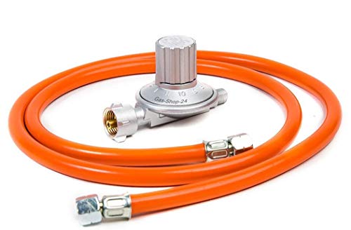 Anschluss-Set bestehend aus Druckminderer 50-200 mbar (stufenlos regelbar) + Gasschlauch 80 cm (für geeignete Gasgeräte/Gaskocher, Gasherd,