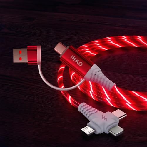 Image of IHAO Multi Ports Light-Up USB Cable USBA /USB C to USBC /MicroUSB Cable Durable Fast Charging Cable with Visible Current Flow As Night Light Use-6in1 Red