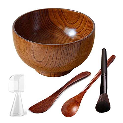 DIY Face Mask Mixing Bowl Set, 5 in 1 Bamboo Facial Mask Tool kits - Mask Bowl,Spatula,Brush,Spoon,measuring cup (Brown)