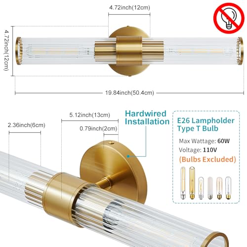 Image of Hardwired Bathroom Light Fixtures, Gold Wall Sconce in Threaded Glass Indoor Wall Sconces, Modern Bathroom Vanity Light Up and Down Sconces Wall Lighting for Living Room, Bulb Not Included