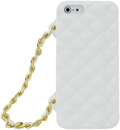 KRYSTALH Soft Silicone Case Cover for Iphone 5 5S Plaid Pattern Purse Wallet Design Case with Gold Chain Shoulder Strap (White Iphone 5 5S Case)