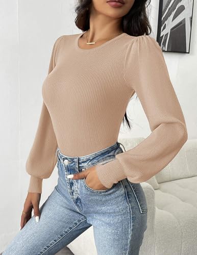 Image of Zeagoo Womens Sweaters Long Sleeve Bodysuits 2026 Fall Crewneck Puff Knit Pullover Tops
