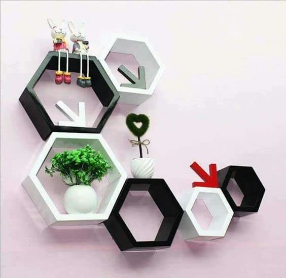 Image of BAS Engineered Wood Brown Art Shoppee Decorative Display With Hexagon Shape Set Of 6 Floating Wall Shelves And Racks For Living Room (Black & White)