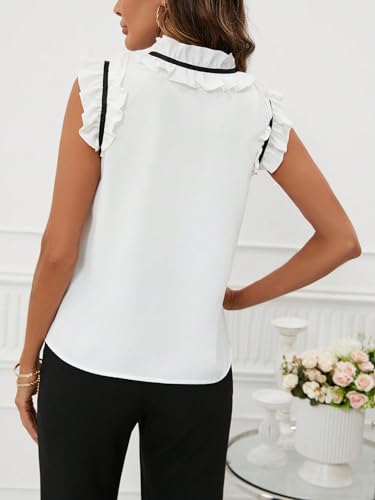 Women's Elegant Bow Front Ruffle Trim Mock Neck Flounce Cap Sleeve Button Front Regular Fit Blouse Shirt Top2