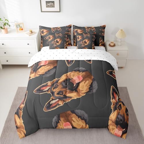 Feelyou Queen Comforter Set 7 Pcs Dog Printed Bedding Set Cute Pet Dog Bed in a Bag for Boys Girls Children 3D Animal Theme Comforter Room Decor German Shepherd Pattern Bed Set with Sheets