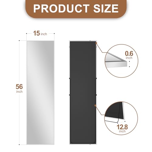 Image of Delma Full Length Mirror,Large Floor Mirror with Aluminum Frame for Bedroom, Bathroom, Living Room,Wall Mount or Freestanding Design(with Stand,Rect 56x15-Silve)