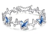 GEMMANCE Valentine's Day Gift For Women Butterfly Link Charm Bracelet with Premium Birthstone Crystal, Silver-Tone, 7”+2” Chain