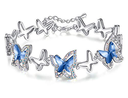 Gemmance Butterfly Link Charm Bracelet With Light Sapphire Blue Birthstone Crystal For March And December, Silver-Tone, 7”+2” Chain #TOP23