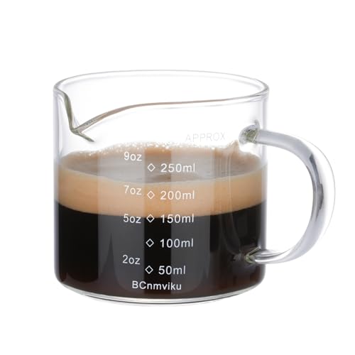 BCnmviku 250ml Espresso Cups,Espresso Shot Glass with Handle,V-Shaped Mouth Espresso Measuring Cup for Coffee,Milk (Single Spout)