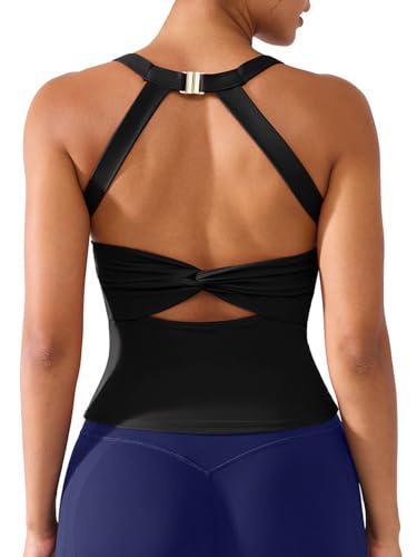 BRXL Women's Soft Halter Top Fitness Yoga Tanks Backless Built in Bra Sleeveless Sports Tank Tops Twist Back Cami