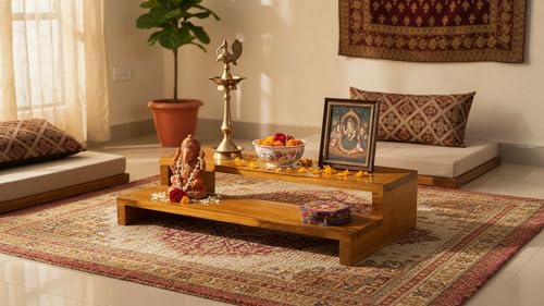 Image of Pooja Chowki 2 Step Pata Chowki Decorative bajot for Sitting Pooja Temple Stool for Mandir | Handcrafted Traditional Indian Low Chaurang for Puja, Altar, Diya Stand (BIG SIZE -15.5 x 8.5 x 3.5 Inch)