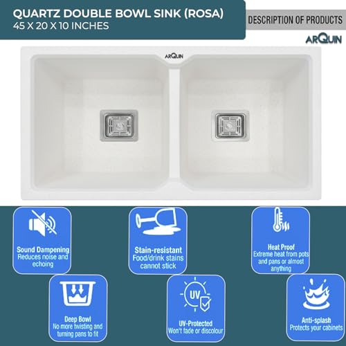 Image of ARQUIN Double Bowl Quartz Kitchen Sink 45x20x9 Inch Rosa | Durable & Scratch-Resistant Sink | Undermount,Topmount | Including Coupling,Sink Connector,Waste Pipe & Fruit Washing Basket