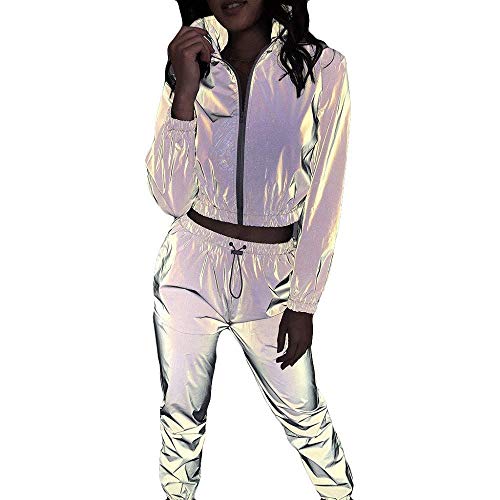 Preisvergleich Produktbild Damen Trainingsanzug Jogginganzug Reflektierende Sportanzüge Anzug Jogging Bekleidung Festlich Freizeitanzug Langarm Kapuzenpullover Sweatshirt Reißverschluss Jogginghose Sport Kapuzenjacke S2Xl