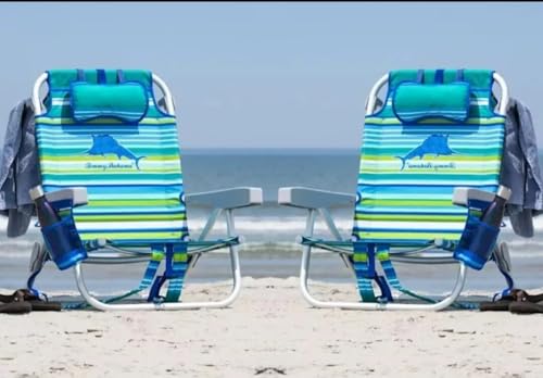 Tommy Bahama 5 Position Beach Chair, Zippered Insulated Cargo Pouch, Cup and Cell Phone Holders, Towel Bar, Pillow for Extra Comfort, Heavy-Duty Weight Capacity, 2-Pack (Aqua Stripes)