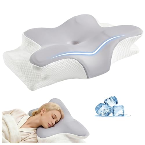 Ergo Cervical Neck Pillow – Ergonomic Neck Pain Relief Pillow for Deep Sleep, Contour Memory Foam Support, Odorless, Cooling Breathable Pillowcase, Ideal for Side Back Stomach Sleepers (Grey)