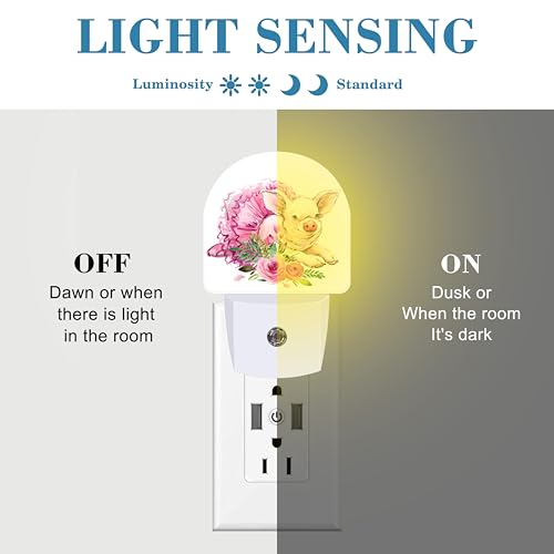 Image of Watercolor Cute Flower Pig Night Light for Kids, LED Night Light Plug into Wall with Dusk to Dawn Sensor for Girls Boys Women Men Room Decor, Hallway, Kitchen, Bathroom, Nursery, Stairs