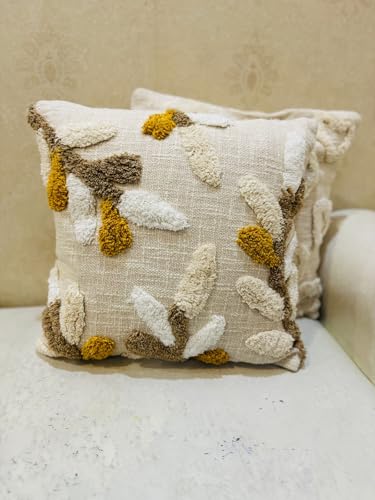 Image of Furnistitchs Premium Decorative Throw Cushion Pillow Cover Boho Home Decor - Living Room Bedroom Couch Sofa Cushion Covers 16 inch x 16 inch (2, Cream Leaves)