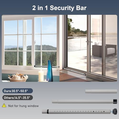 Image of Sliding Door Security Bar, 17.7-50.5inch Heavy Duty Adjustable Sliding Patio Door Lock Bar with Rubber Tips,Diameter 1inch Window Security Bar for Home Apartment Travel Children Women (Grey)