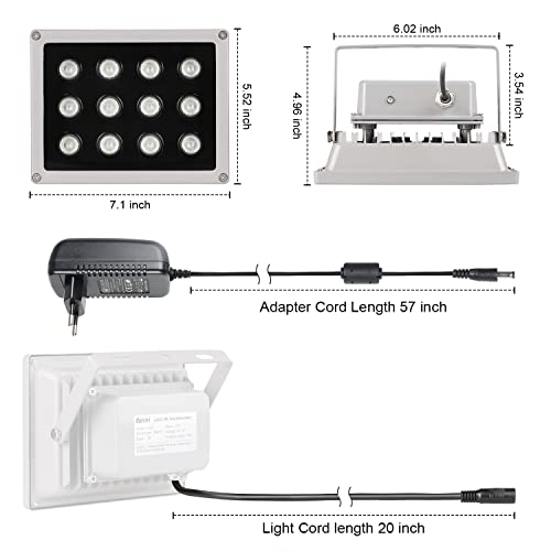 Univivi IR Strahler, 12 LEDs Weitwinkel-IR Scheinwerfer für Nachtsicht, 850nm Wasserdichtes LED-Infrarot Licht mit 12V DC-Netzteil für IP-Kamera, CCTV-Überwachungskamera für Innen-und Außenbereich