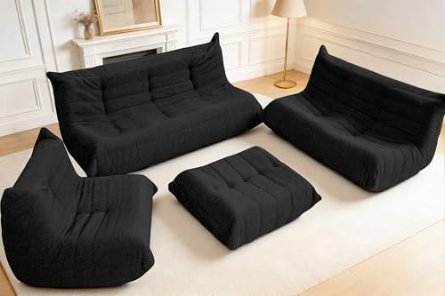 Image of Bean Bag Pouf Ottoman, Foot Stool, Foot Rest with Memory Foam Filled, Rectangle Ottoman for Living Room, Bedroom, Office (Black Teddy)