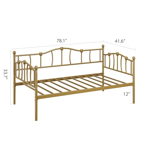 Image of Twin Daybed with Trundle, Metal Sofa Bed Frame with Steel Slat Support, Twin Size Space-Saving Multifunctional Furniture for Living Room, Bedroom, Love Heart Design, No Box Spring Needed, Gold