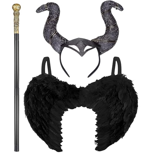 3pc Dark Fairy Costume with Black Wings Gold Topped Staff and Black Horns Headband - Evil Witch Outfit Accessories for Halloween Costumes for Women - Evil Fairy World Book Day Fancy Dress Women