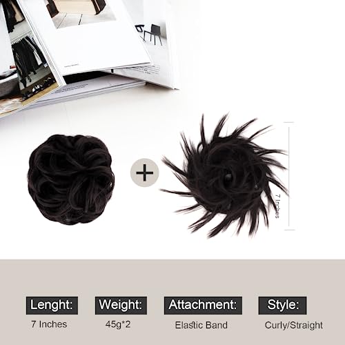 Ellareese 2Pcs Messy Bun Hair Piece Tousled Updo Curly Ponytail Hair Extensions Wavy Hairpieces For Women Scrunchies Synthetic Chignon #TOP1