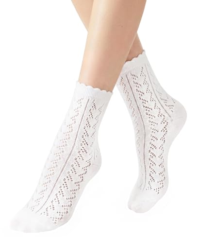 DIRNDLSTERN Trachtensocken Damen Socken Trachtenstrümpfe Trachten Söckchen mit Rüschen für Oktoberfest Weiß 36-39