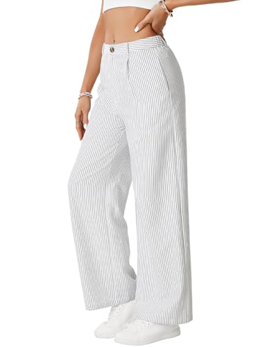 Vrtige Women's Striped Pants High Waisted Wide Leg Drawstring Casual Loose Trousers3