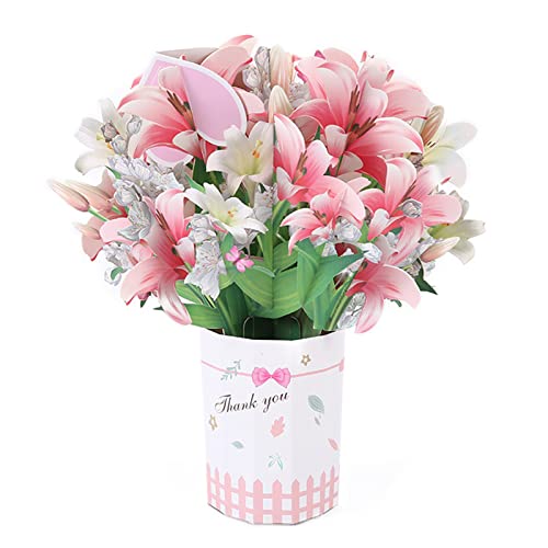 BESKYOO Mother's Day Pop Up Flower Bouquet 3D Flower Greeting Card for Mom Dad Girlfriend Boyfriend Grandparents Sister Brother Friends, Thank You, Thinking of You Card (Lily)