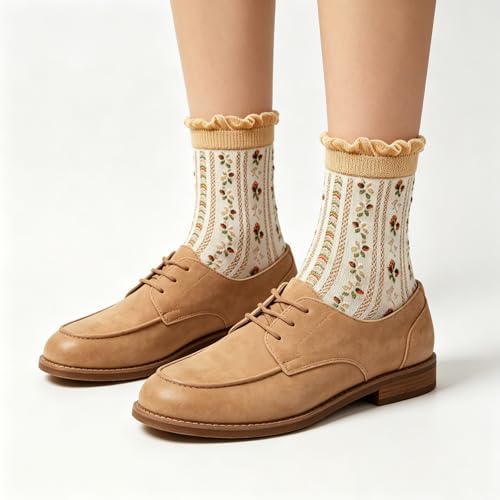 Image of DXYAKY 5 Pairs Womens Floral Cotton Socks Vintage Patterned Crew Socks Novelty Ankle Ruffled Warm Casual Dress Socks
