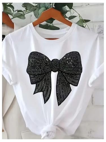 Image of RoseSeek Women's Rhinestone Sequin Bowknot Graphic Tees Short Sleeve Crewneck Summer Tops Going Out T Shirt