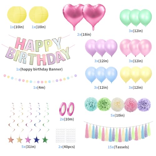 Image of Pastel Rainbow Party Decorations 50Pcs Pastel Birthday Decorations for Girl | with Happy Birthday Banner Balloons Paper Pom Poms Lantern Hanging Swirls Garland Ribbon Macaron Theme Party Supplies
