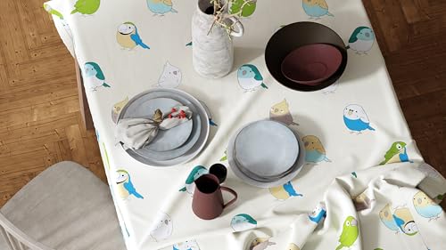 Image of LORETO - A QUALITY LINEN BRAND 100% Pure Cotton Rectangular Table Cover with Tassels (48x72 Inch) - Tablecloth for 6 Seater Dining Table, Multicolor Birds on Soft Beige