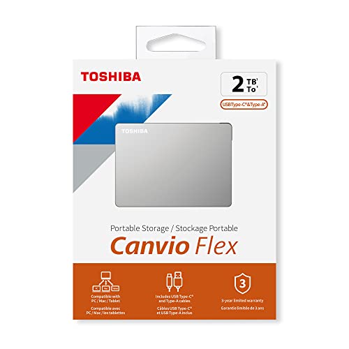 Toshiba 2TB Canvio Flex Portable External Hard Drive for Mac, Windows PC and Tablet use, compatible with most USB-C and USB-A devices, Silver (HDTX120ESCAA)