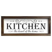 Kas Home Kitchen Decor, Wood Kitchen Sign The Heart of The Home Wall Decor Rustic Farmhouse Wooden Framed Wall Art Plaque for Home Kitchen Cabinets Hanging Decorations White-K, 5.5"x16.5"
