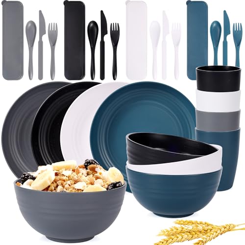 Wheat Straw Dinnerware Sets, 28PCS Unbreakable, Reusable, Plastic Plates and Bowls Sets, Dishwasher Microwave Safe Dish Set Indoor Outdoor Kitchen Plates and Bowls Set Service for 4