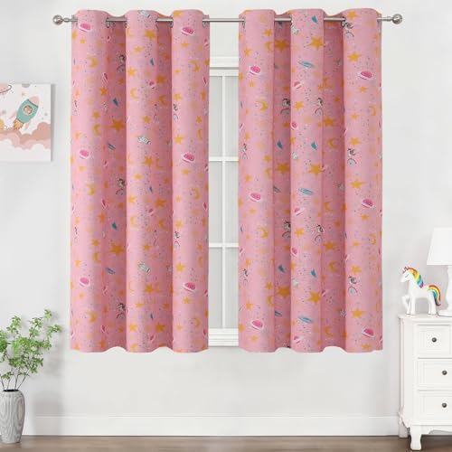 Image of Star & Moon Pattern Pink Blackout Curtains for Girls Bedroom 45 Inch Long