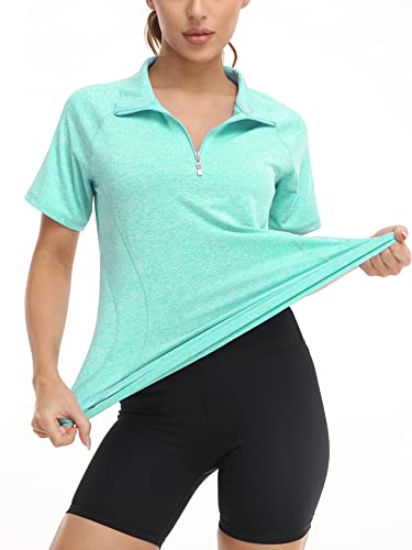 Koscacy Short Sleeve Active Tops For Women,Girl Daily Wear Zip Up Collar Running Tee Quick Dry Stretch Soft Light Weight Gym T-Shirt Polo Shirts Yoga Geeen Xx-Large Green #TOP3