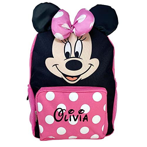 Personalized Backpack made from Disney Minnie Mouse Face with Minnie Bow Pink with White Polka Dots Back to School or Travel Book Bag Backpack - 16 inches2