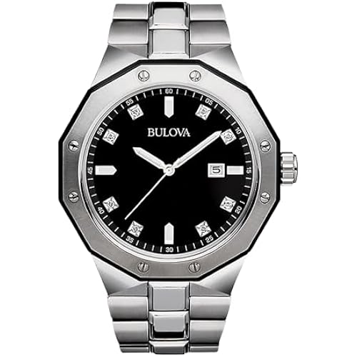 Bulova Men's Classic Stainless Steel 3-Hand Date Quartz Watch with Diamonds and Day Date, 44mm
