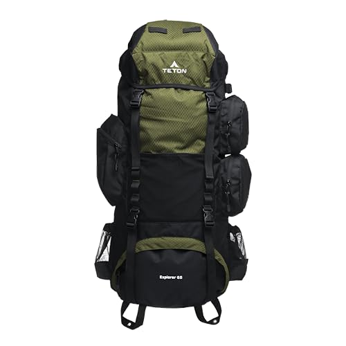 Teton 65L Explorer Internal Frame Backpack for Hiking, Camping, Backpacking, Rain Cover Included, Olive
