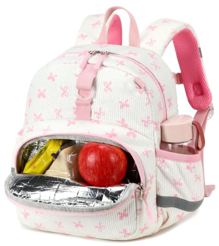 Image of LOIDOU Kids Backpack for Girls, 12 Inch Mini Bookbag with Insulated Pocket | Toddler Preschool Daycare Corduroy Small Kids Travel Backpack Ages 2-4, Pink Small Bow